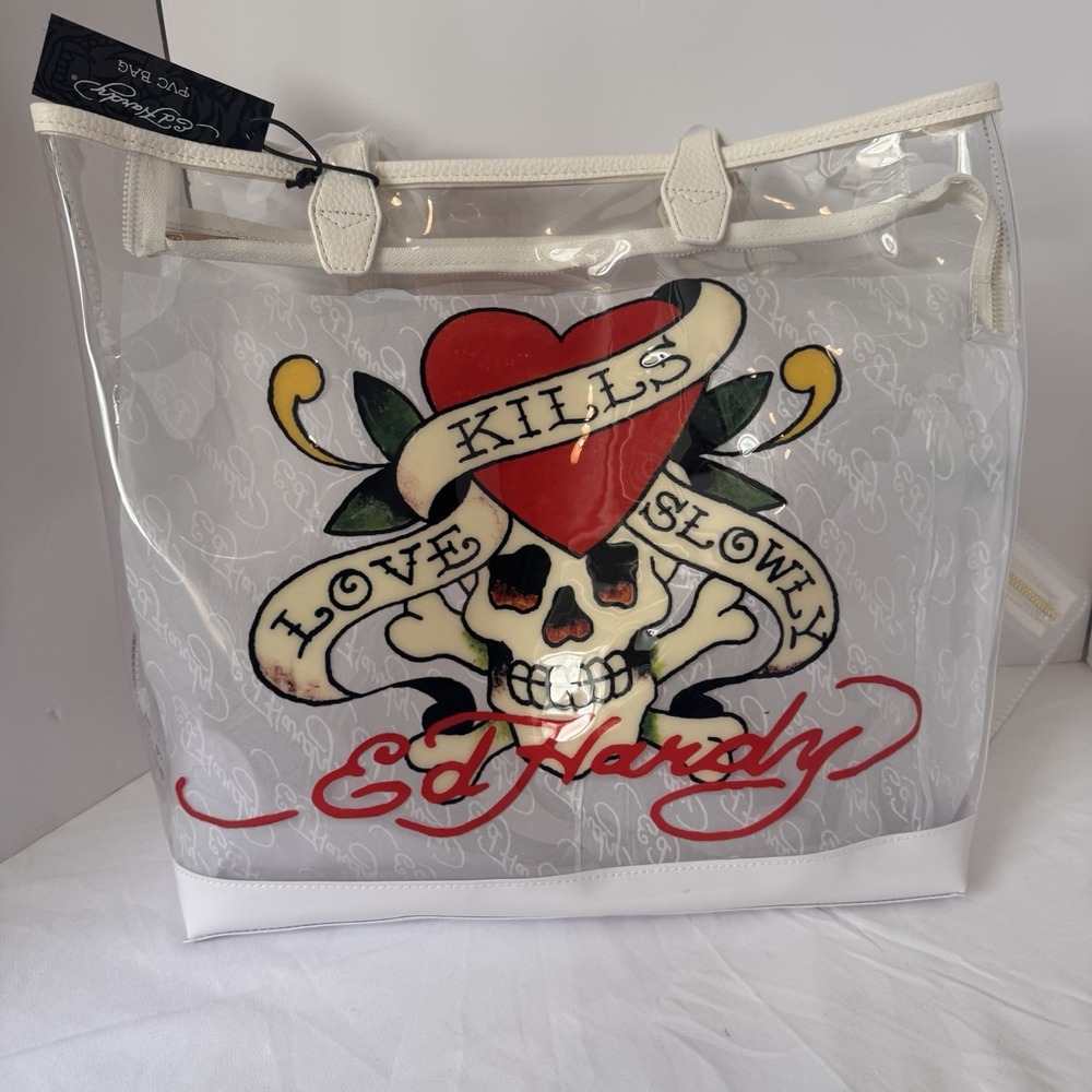 Ed Hardy Clear And White tote bag‎ with skull and heart design New With Tags!